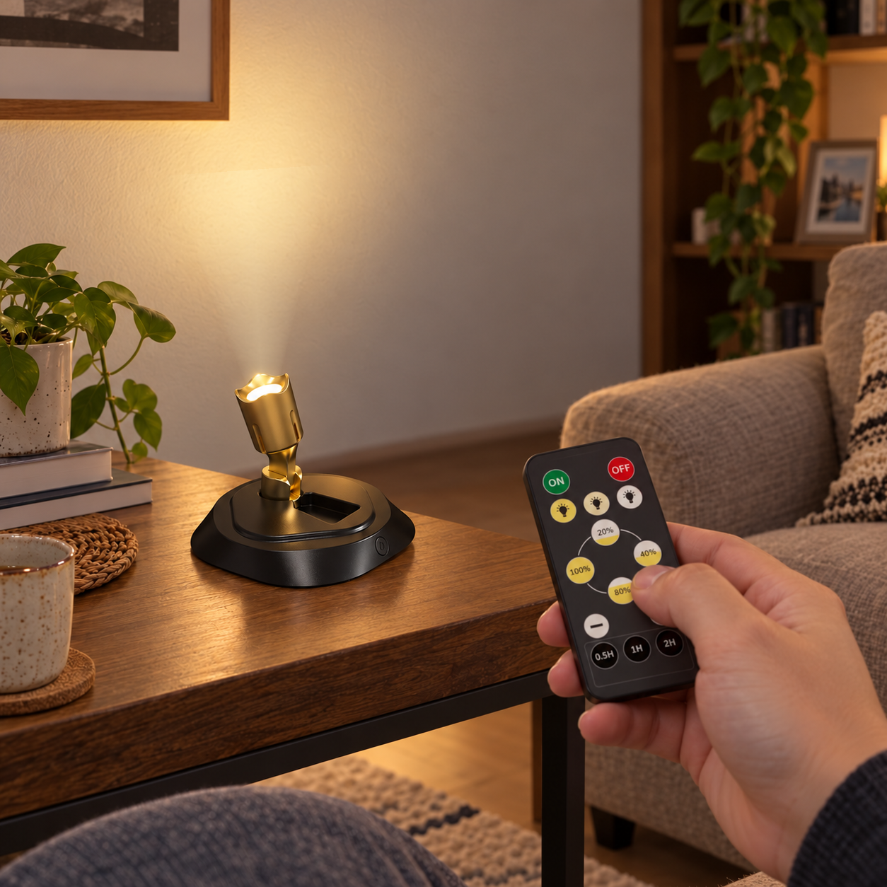 Hand using the remote with the cordless accent spotlight