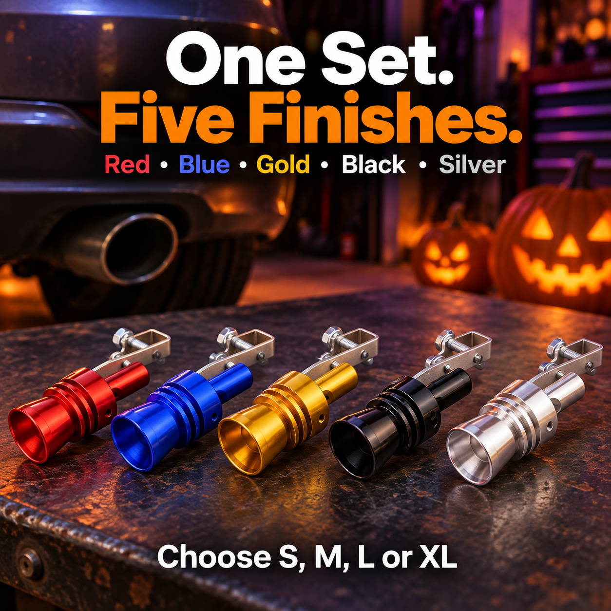 Five-color tailpipe whistle set on a Halloween garage workbench