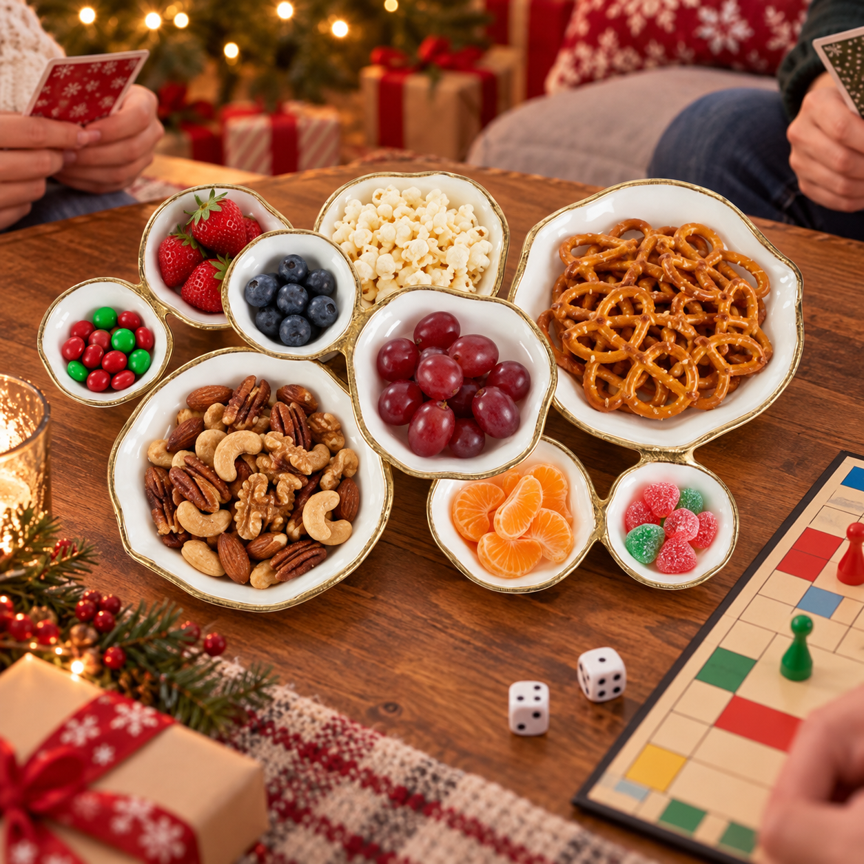 Familjens spelkväll med snacks i ett sammanhängande skålkluster
