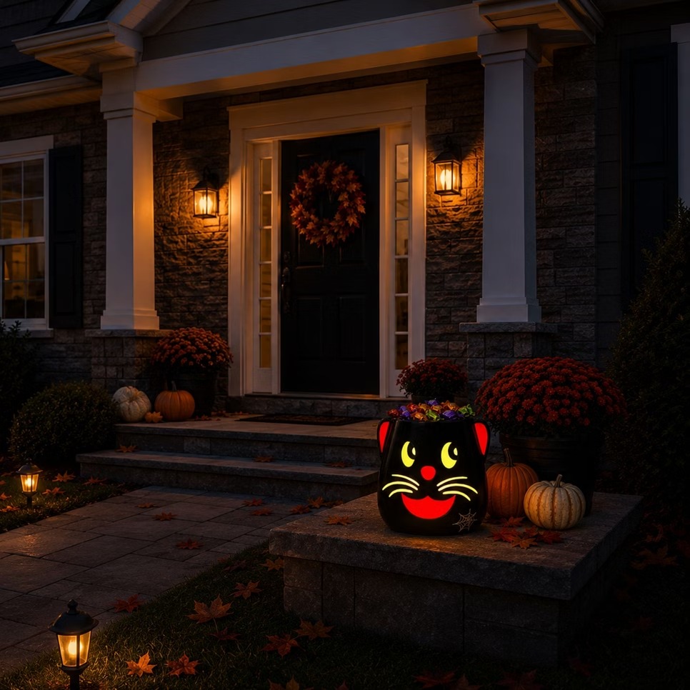 Black cat candy bowl on a Halloween doorstep