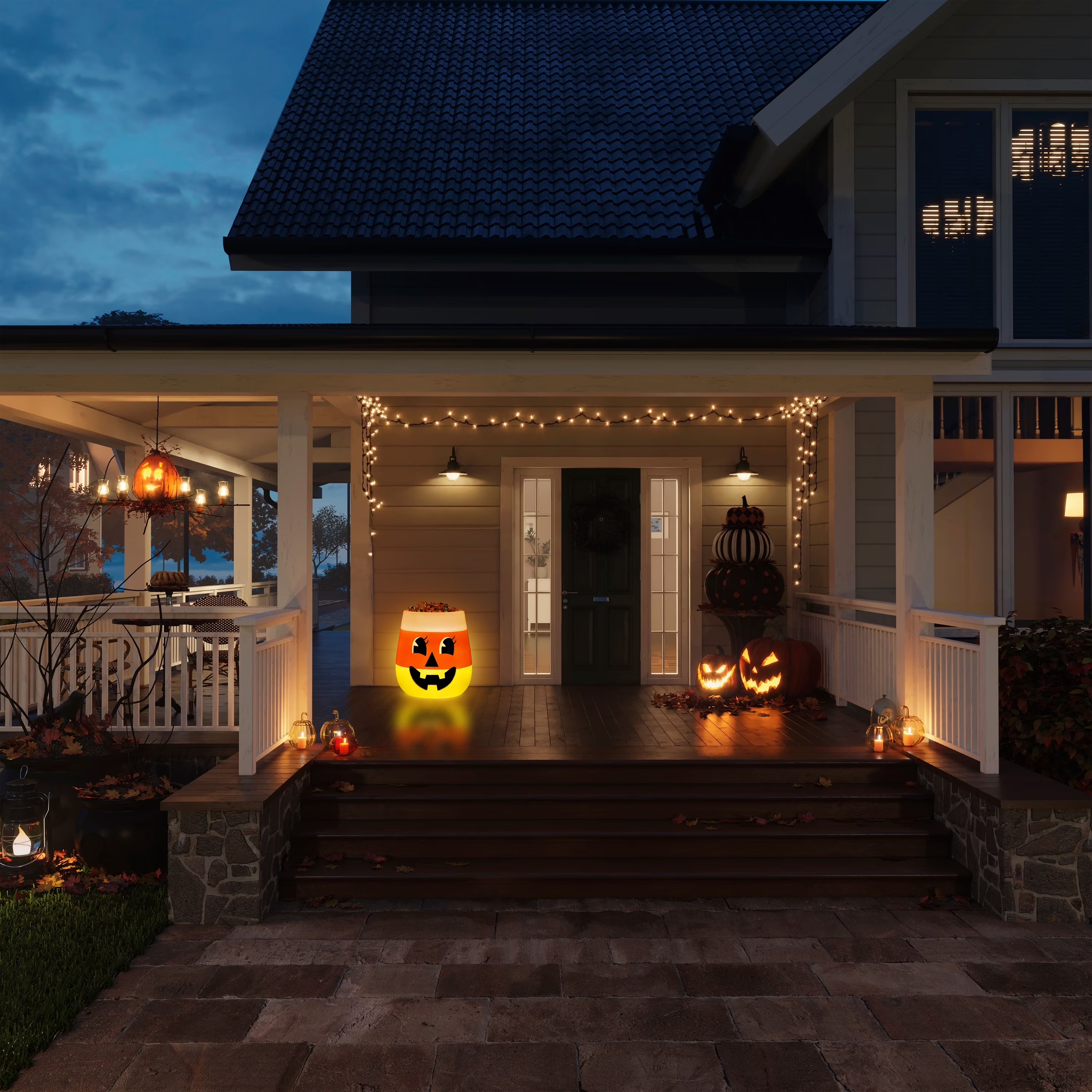 Candy corn Halloween candy bowl on porch