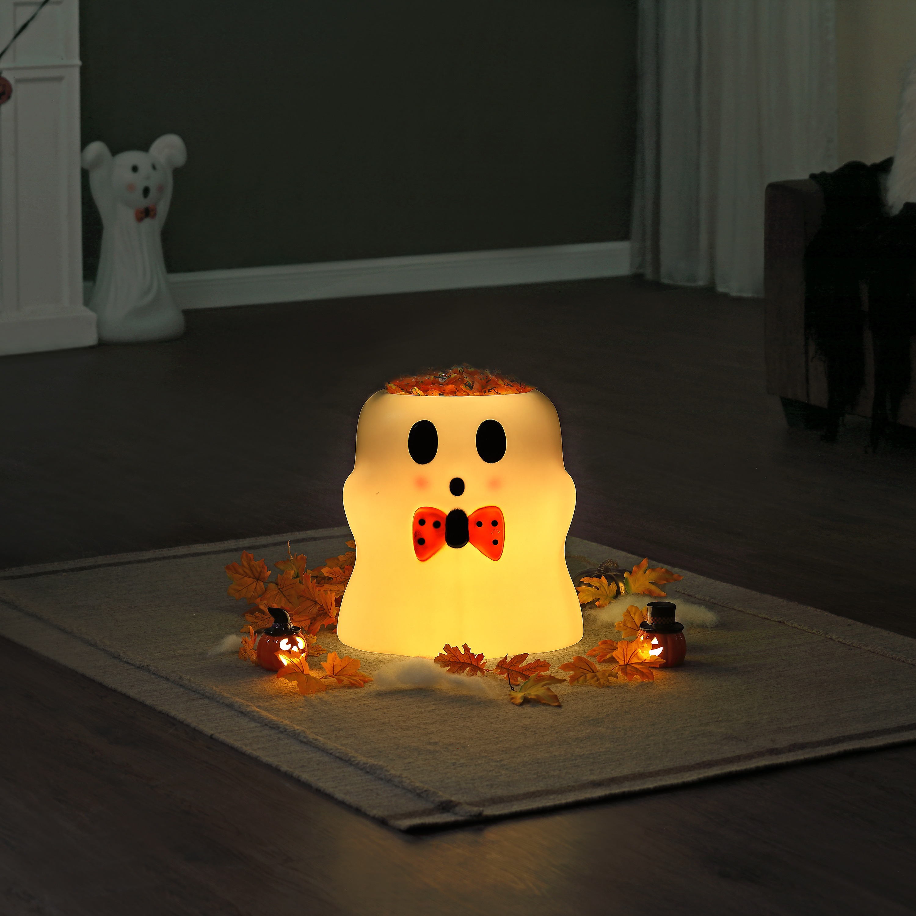 Ghost candy bowl in a Halloween home display