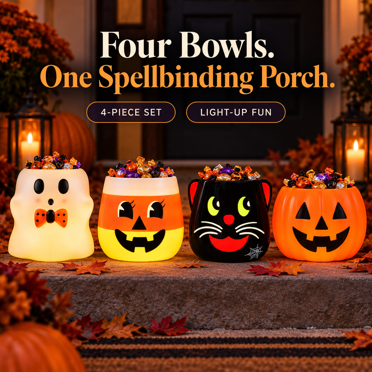 Four-piece Halloween candy bowl set on a porch