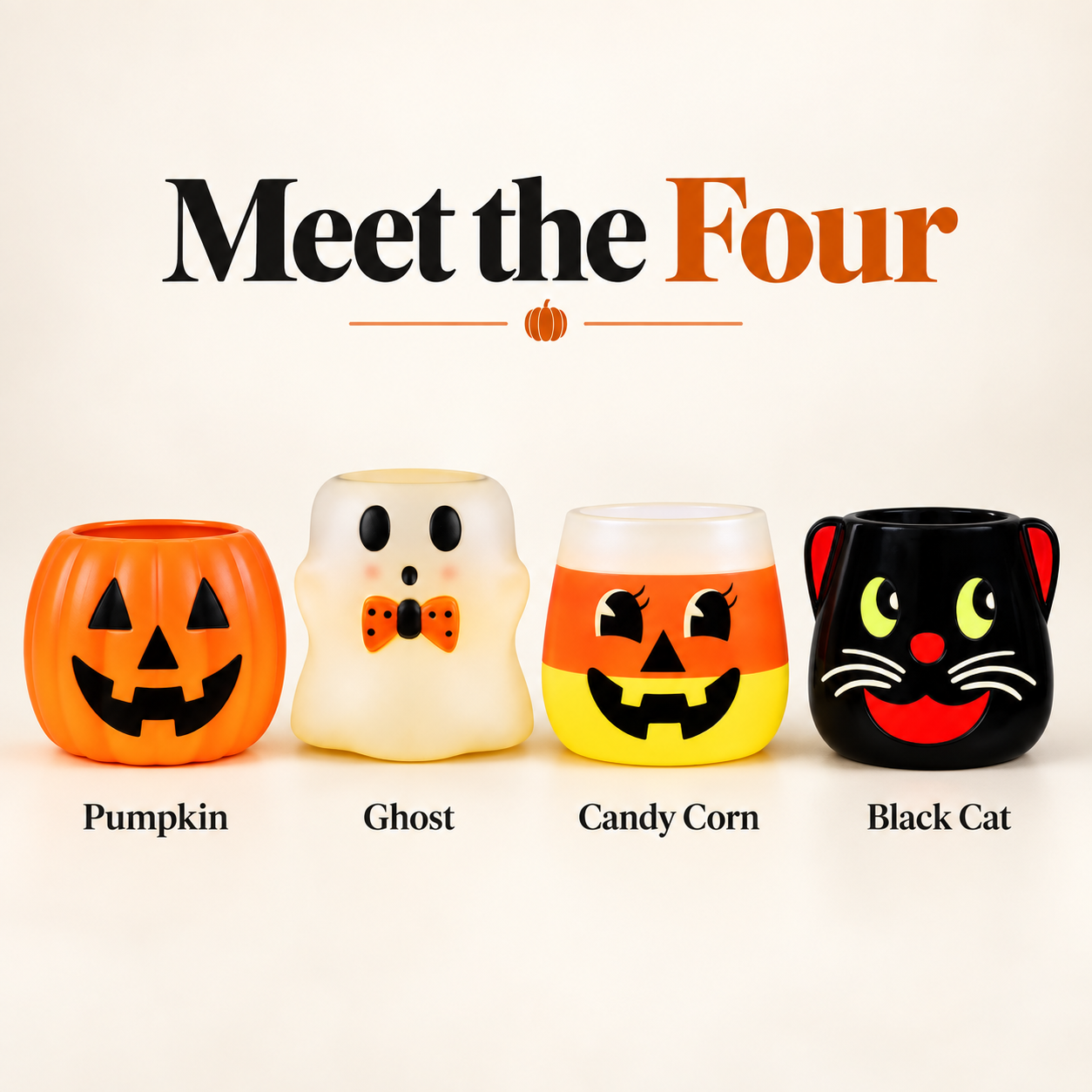 Pumpkin, ghost, candy corn, and black cat bowls in one set