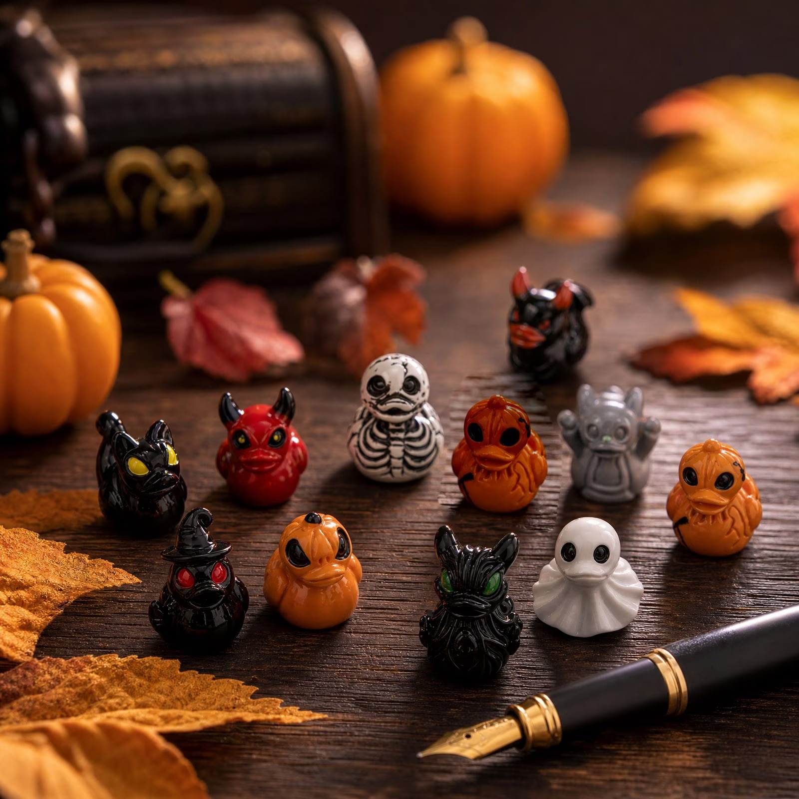 Halloween duck figures arranged on a wooden table