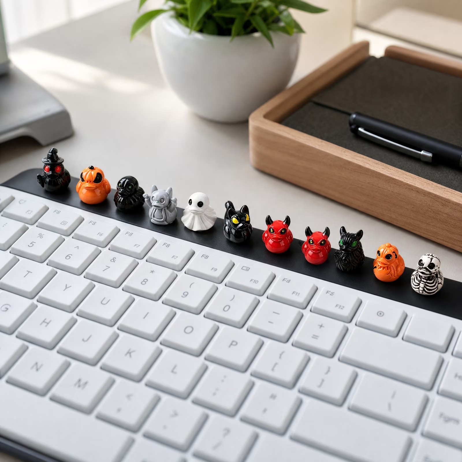 Mini-Halloween-ænder på række ved et tastatur