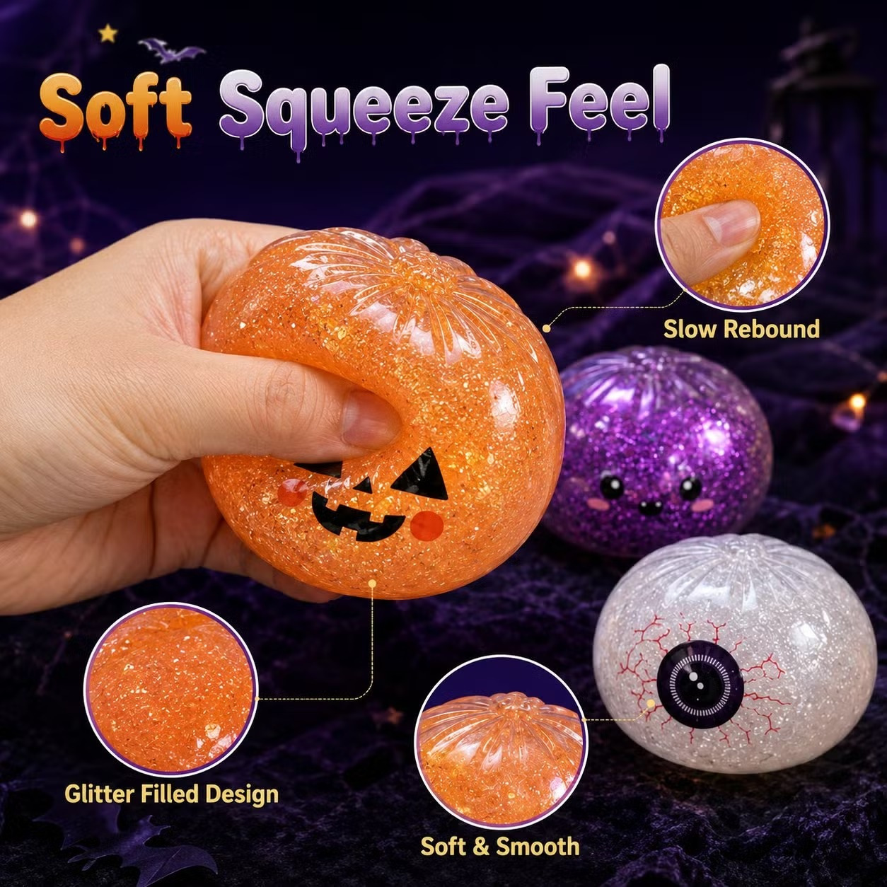 Orange Halloween squishy squeezed by hand, showing soft rebound