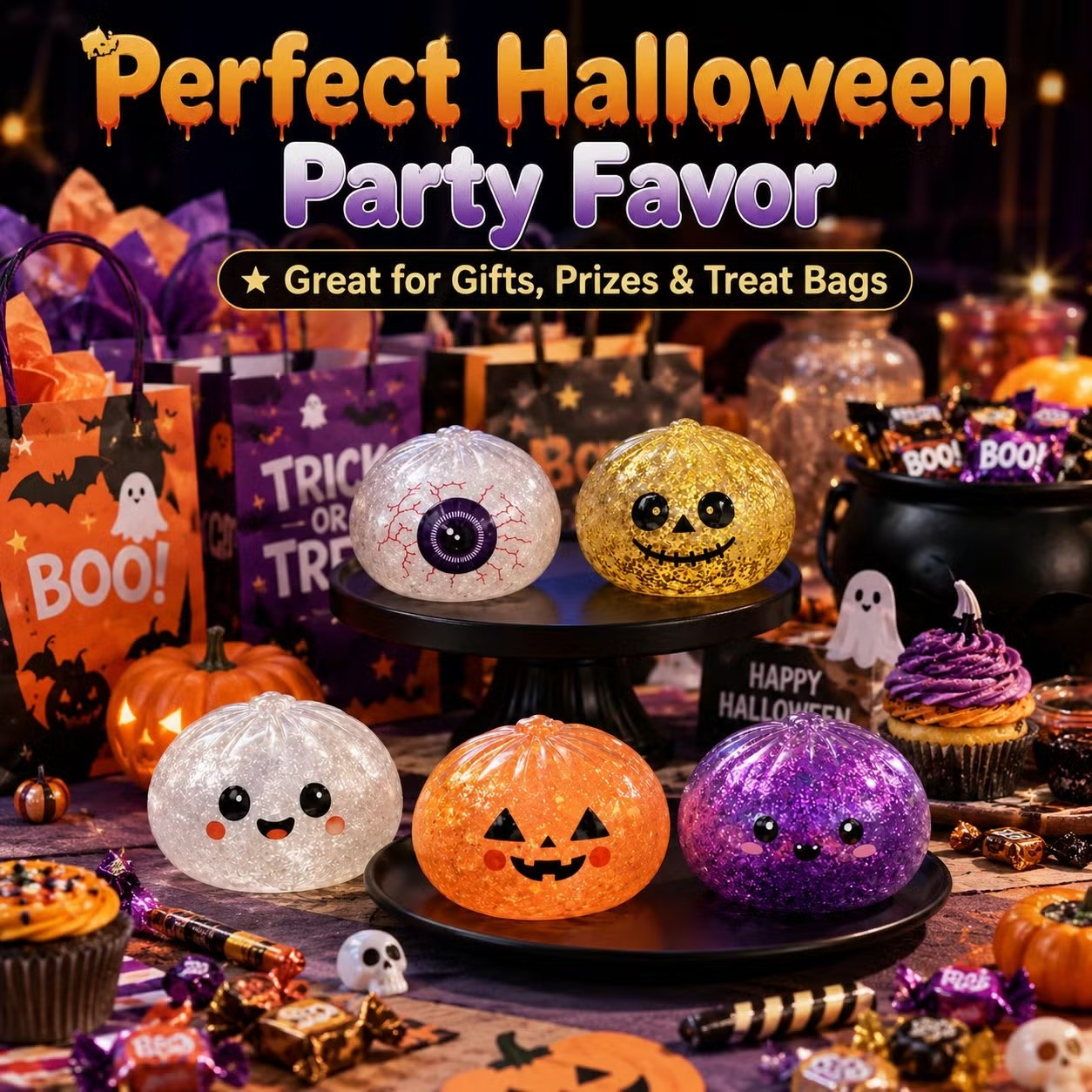 Halloween dumpling squishies displayed as party favors