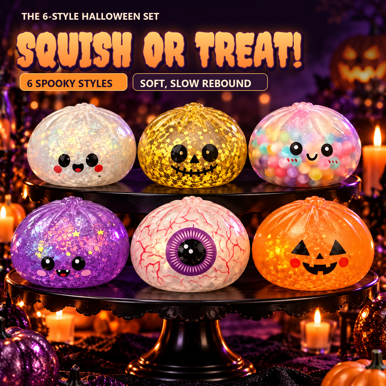 Six Halloween squishy dumplings with Squish or Treat Halloween headline