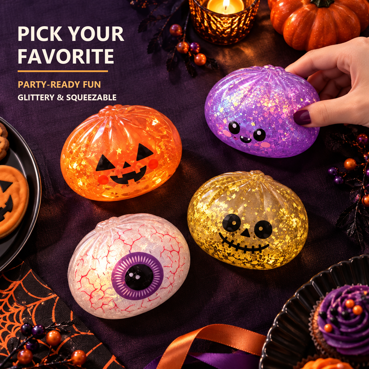 Halloween squishy dumplings at a party with a hand picking the purple style