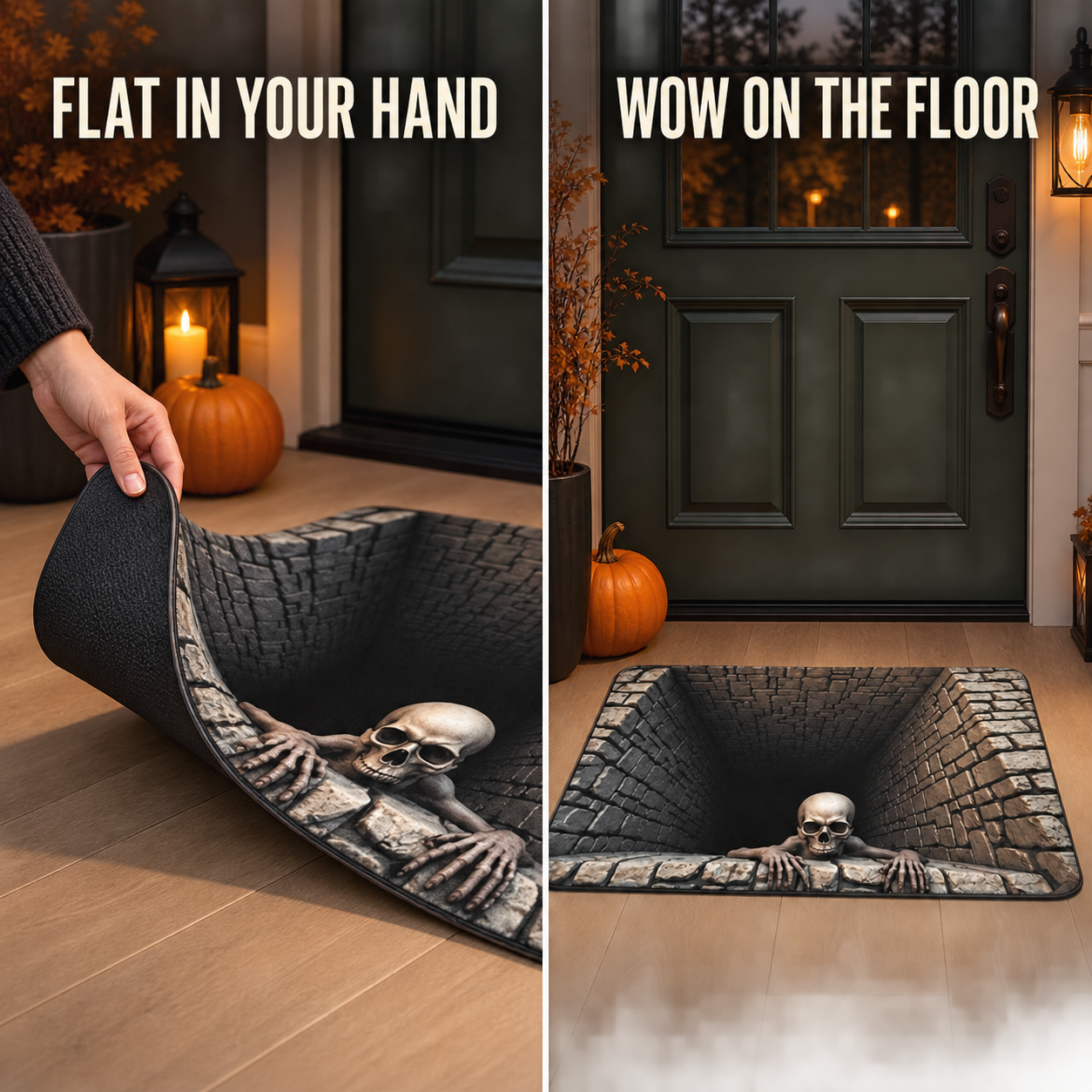 De flexibele platte Halloweenmat vergeleken met zijn optische illusie op de vloer
