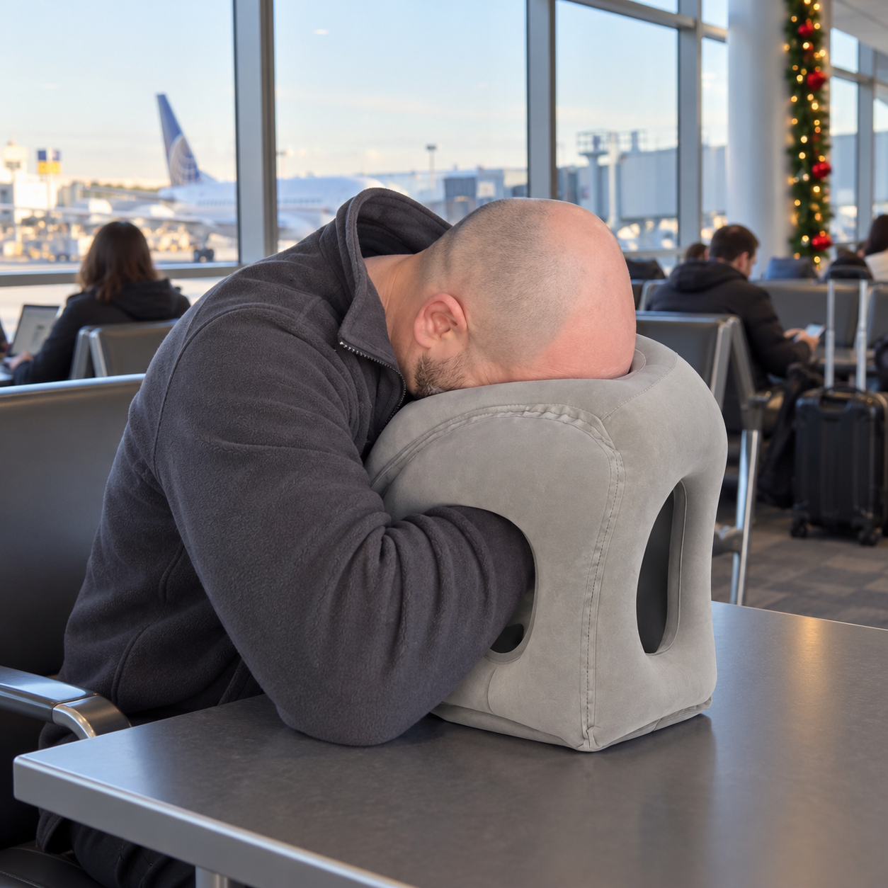 Reisende Person mit grauem aufblasbarem Kissen während eines Zwischenstopps am Flughafen