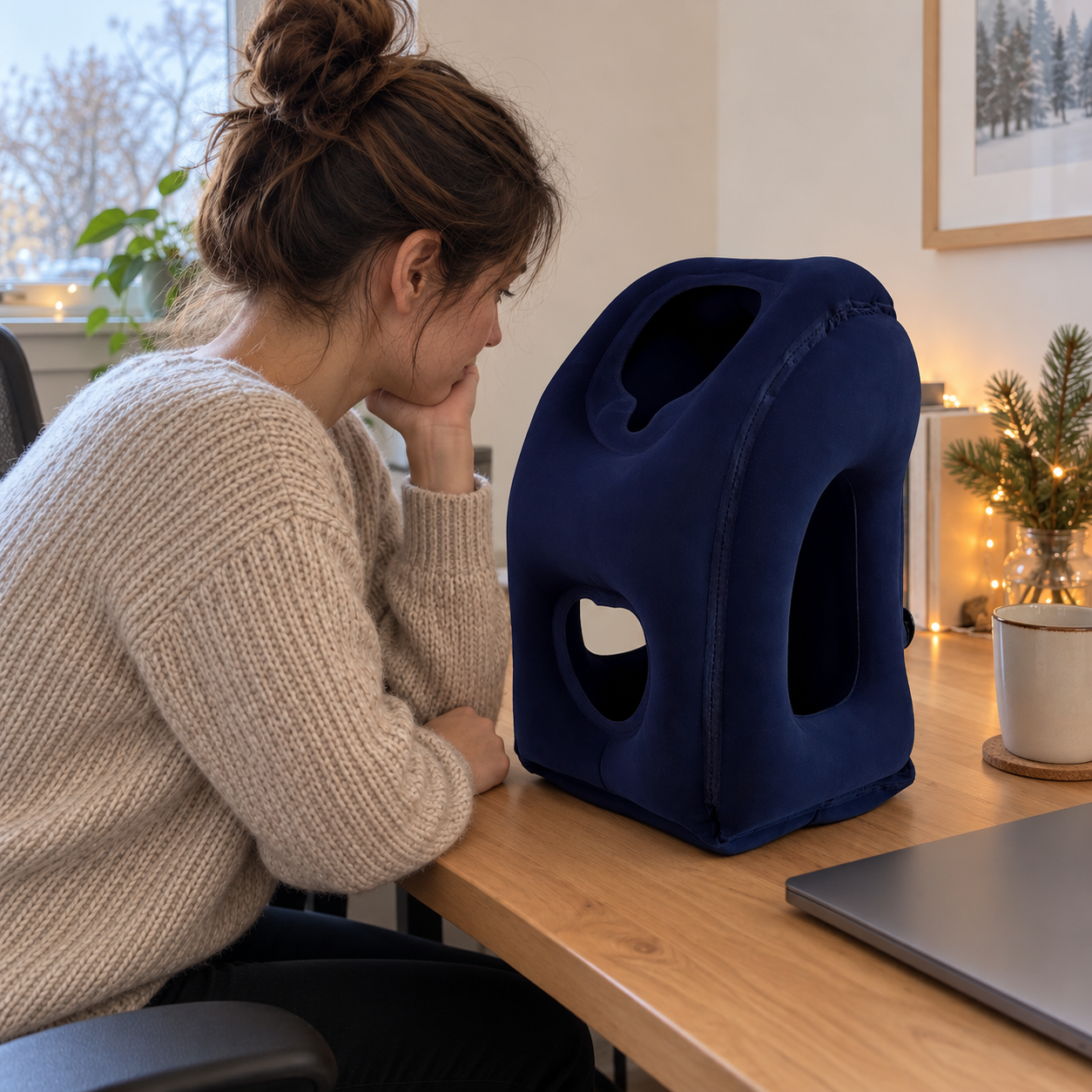 Büroangestellte Person bei einer ruhigen Schreibtischpause mit marineblauem aufblasbarem Kissen