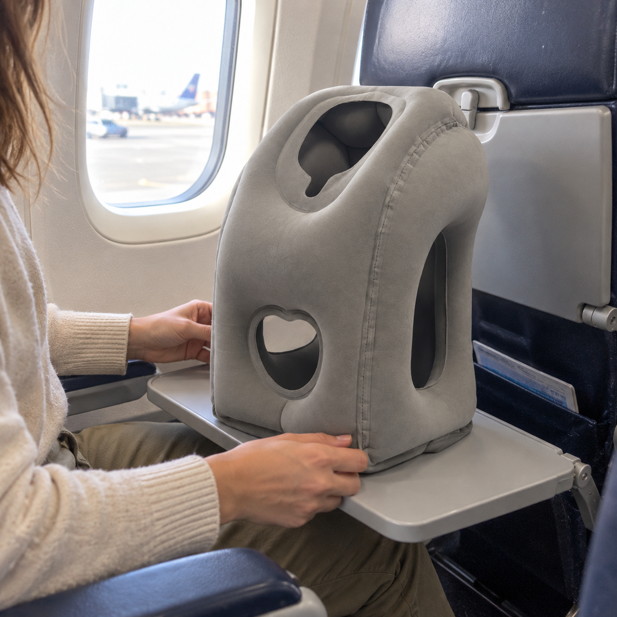 Graues Kissen in korrekter Position auf einem Flugzeugklapptisch
