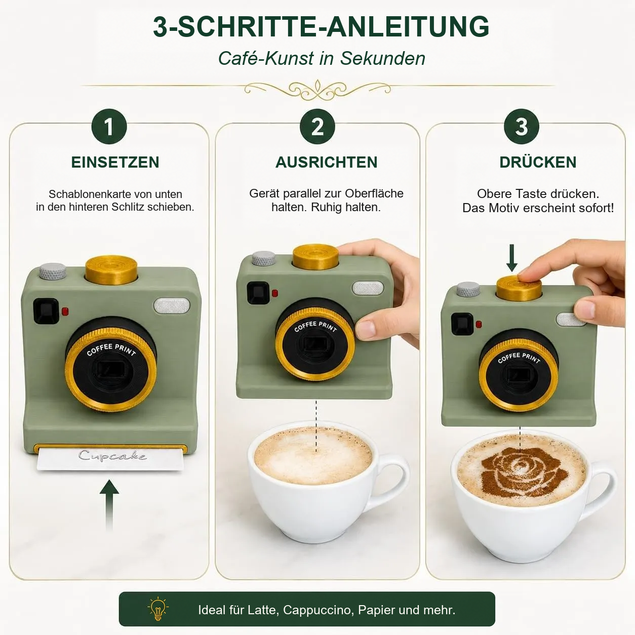 Dreistufige Anleitung zur Verwendung der Kaffee-Dekorationskamera