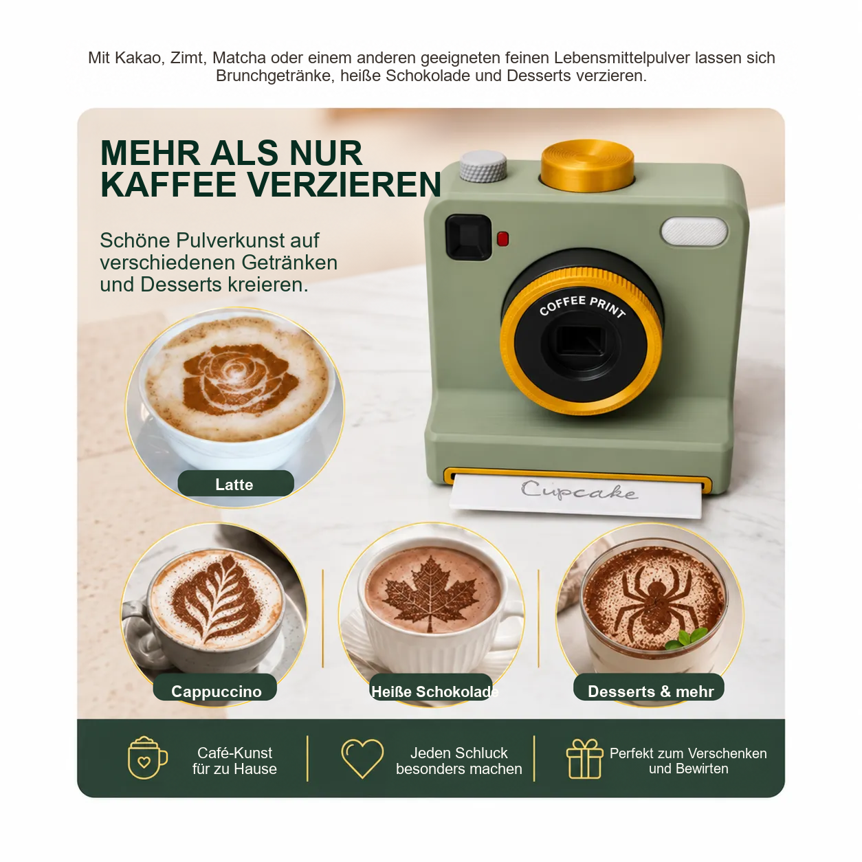 Kaffee-Dekorationskamera für Latte, heißen Kakao und Desserts