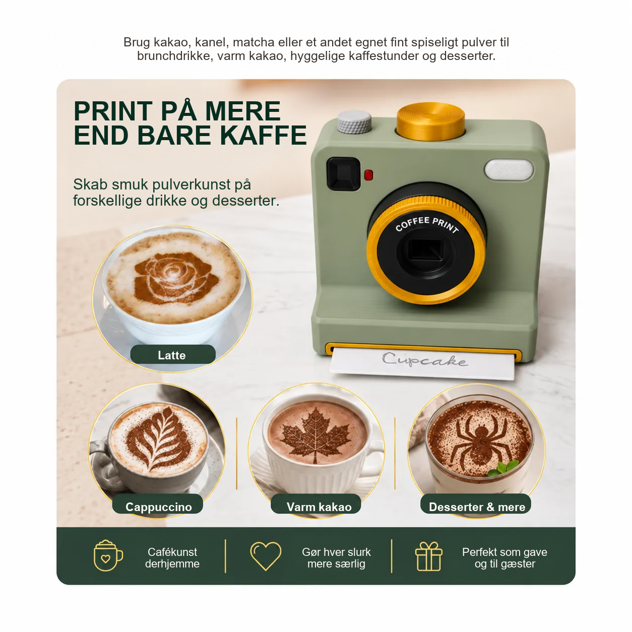 Kaffekunstkamera brugt til latte, varm kakao og desserter
