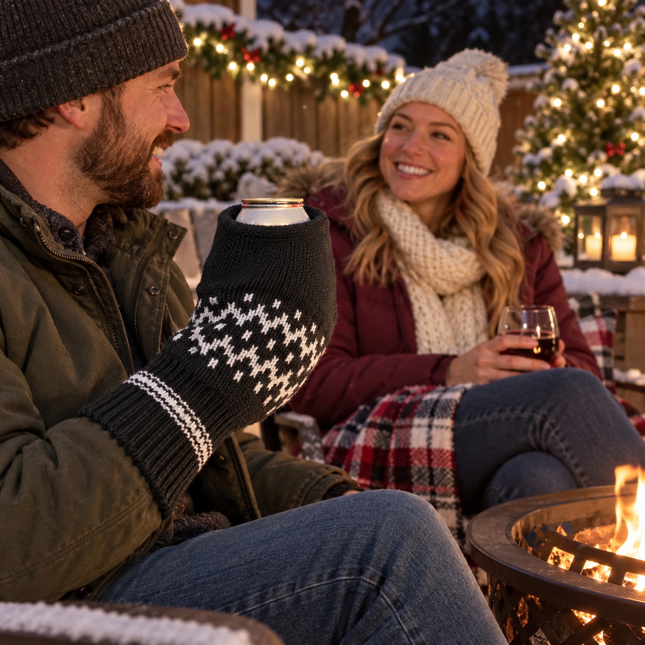 Couple relaxing by a Christmas patio fire with a knitted beer mitten