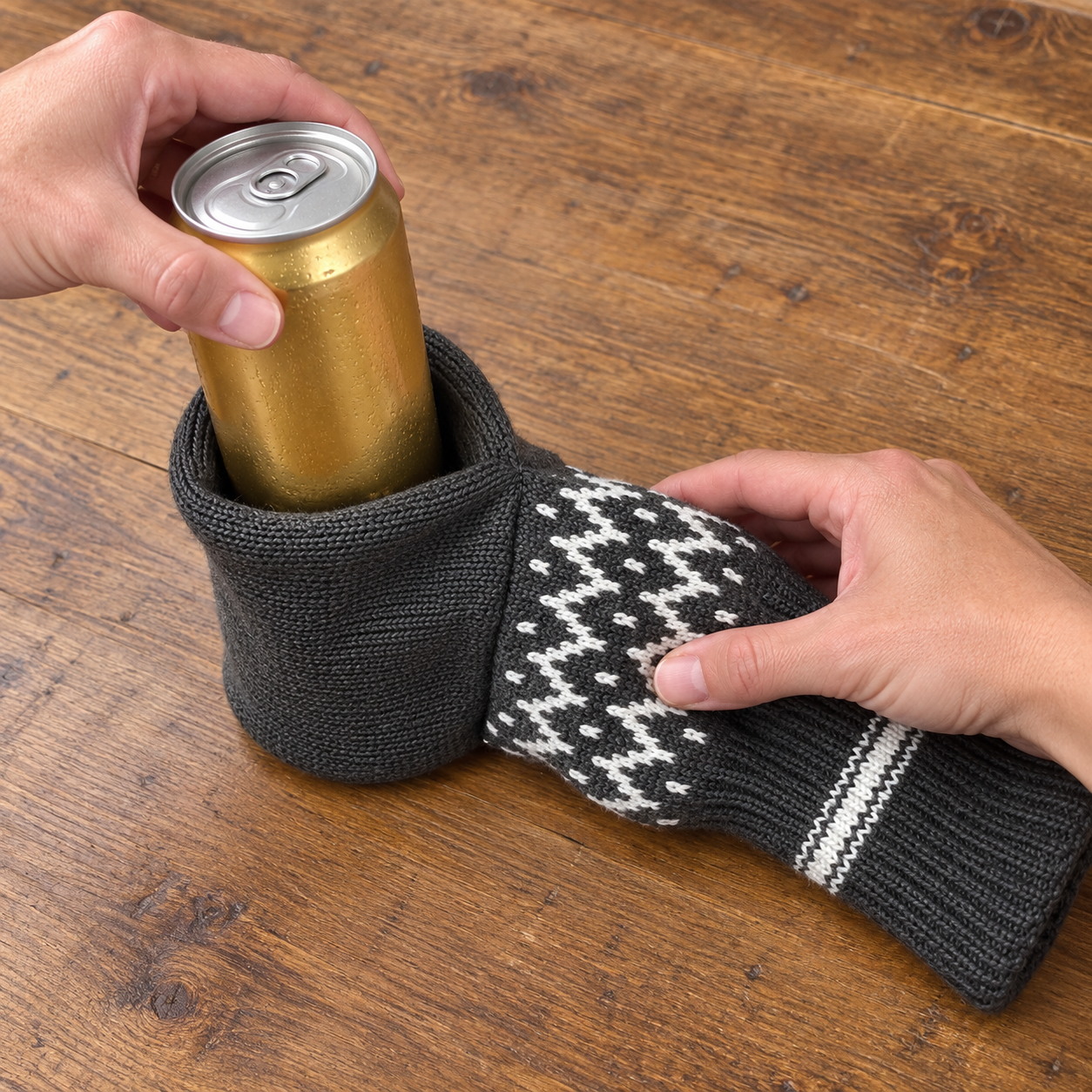 Hands sliding a beverage can into the round sleeve of the knitted beer mitten