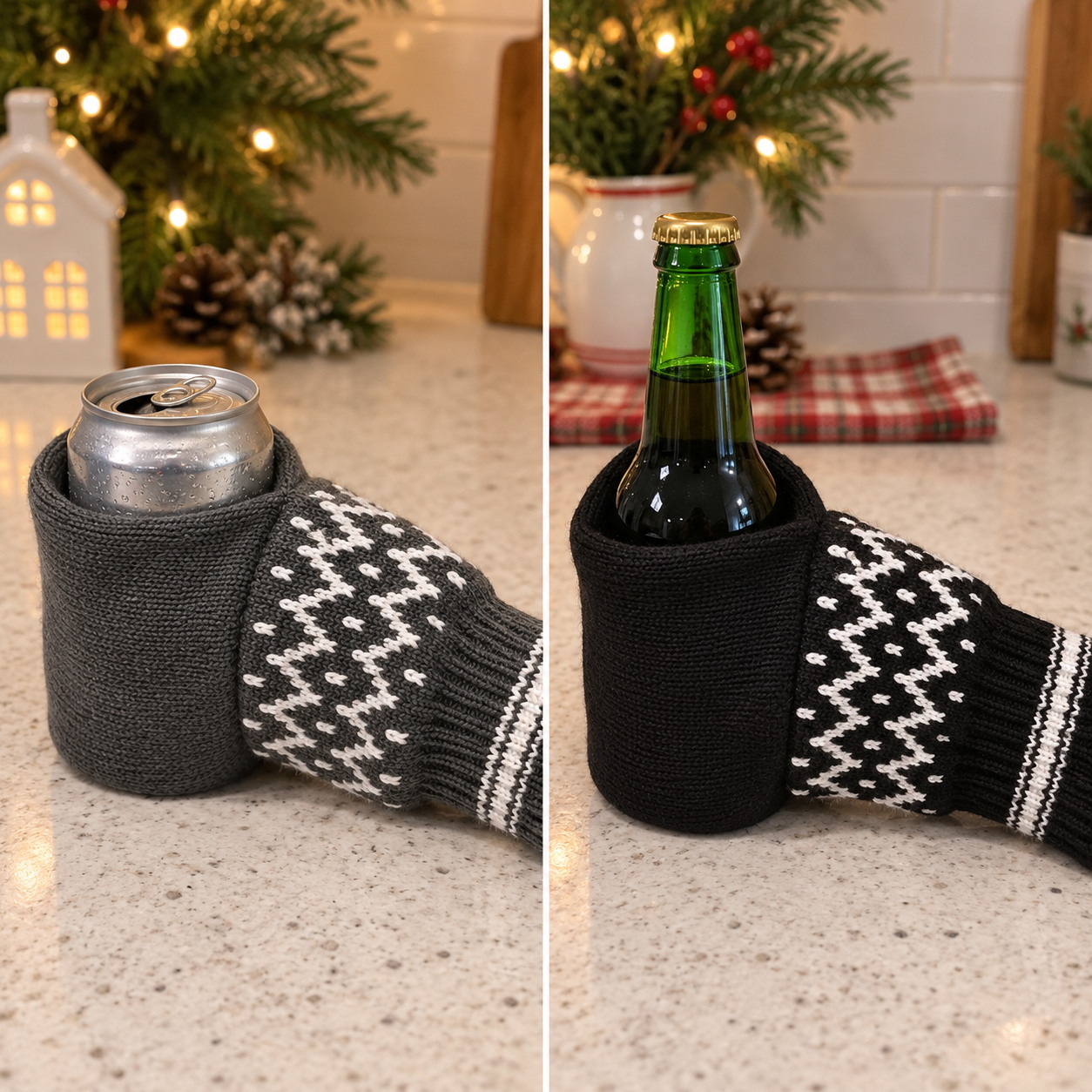 Gray beer mitten holding a can and black beer mitten holding a slim-neck bottle