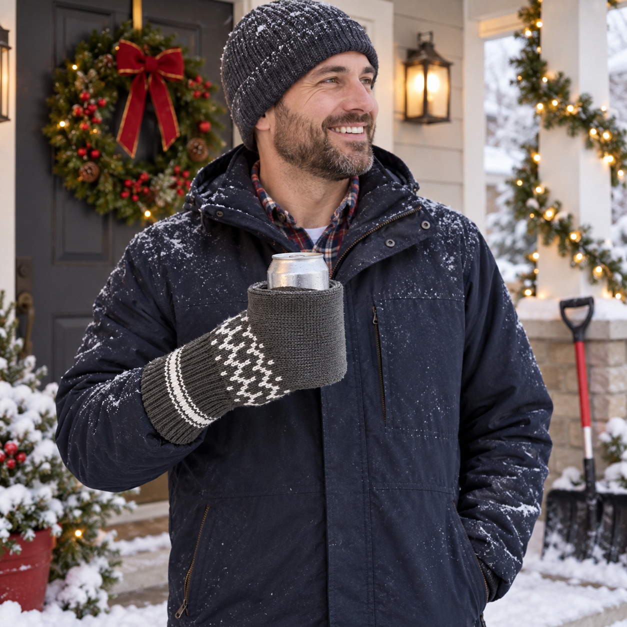 Adult taking a winter porch break with the gray knitted beer mitten