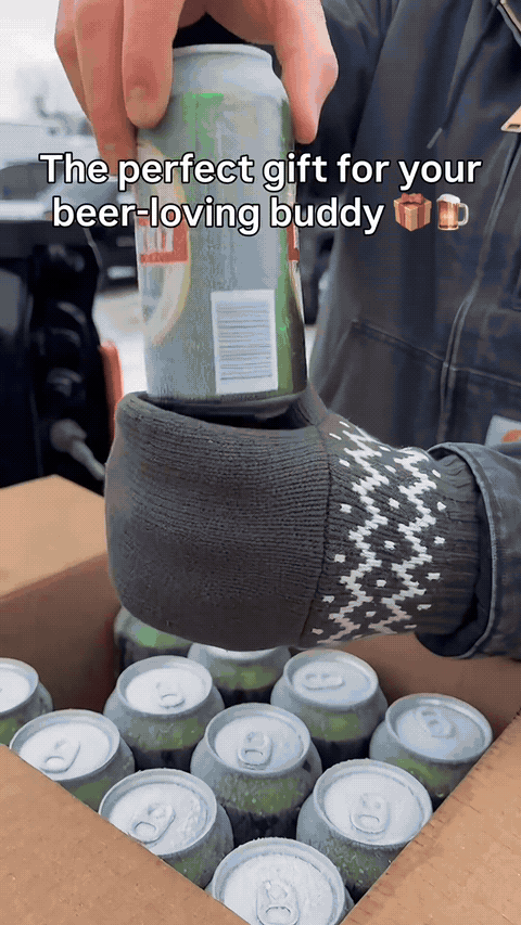 Adult sliding a beverage can into a knitted beer mitten and using it at an outdoor event