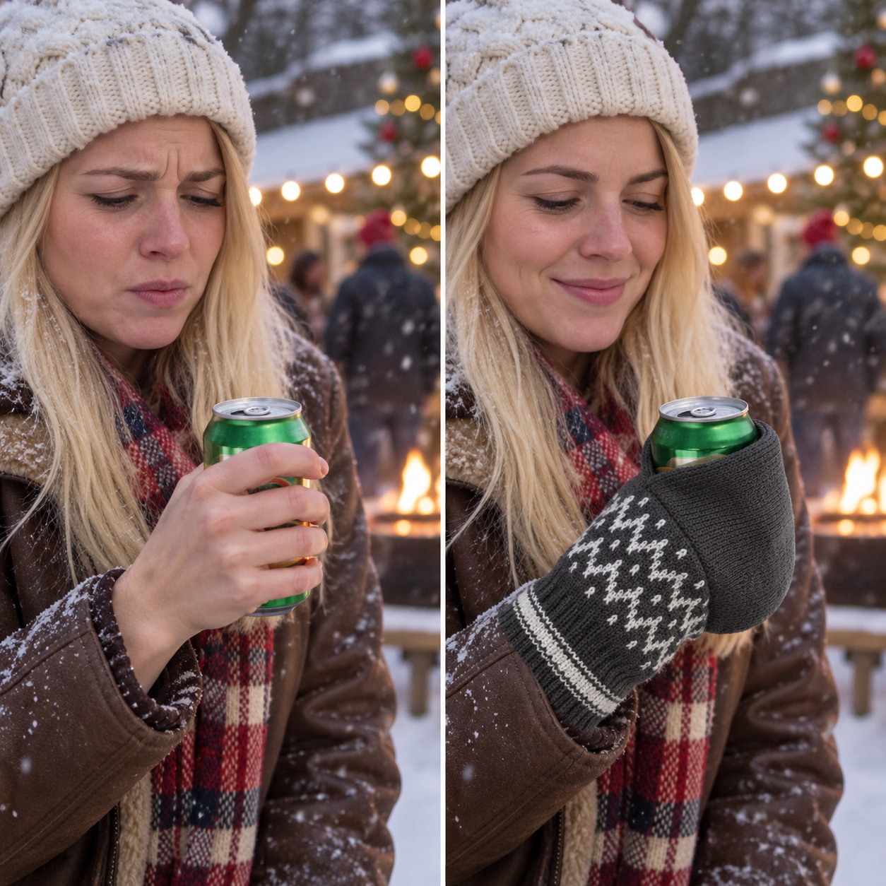 Same person holding a cold can with a bare hand before and with a knitted beer mitten after