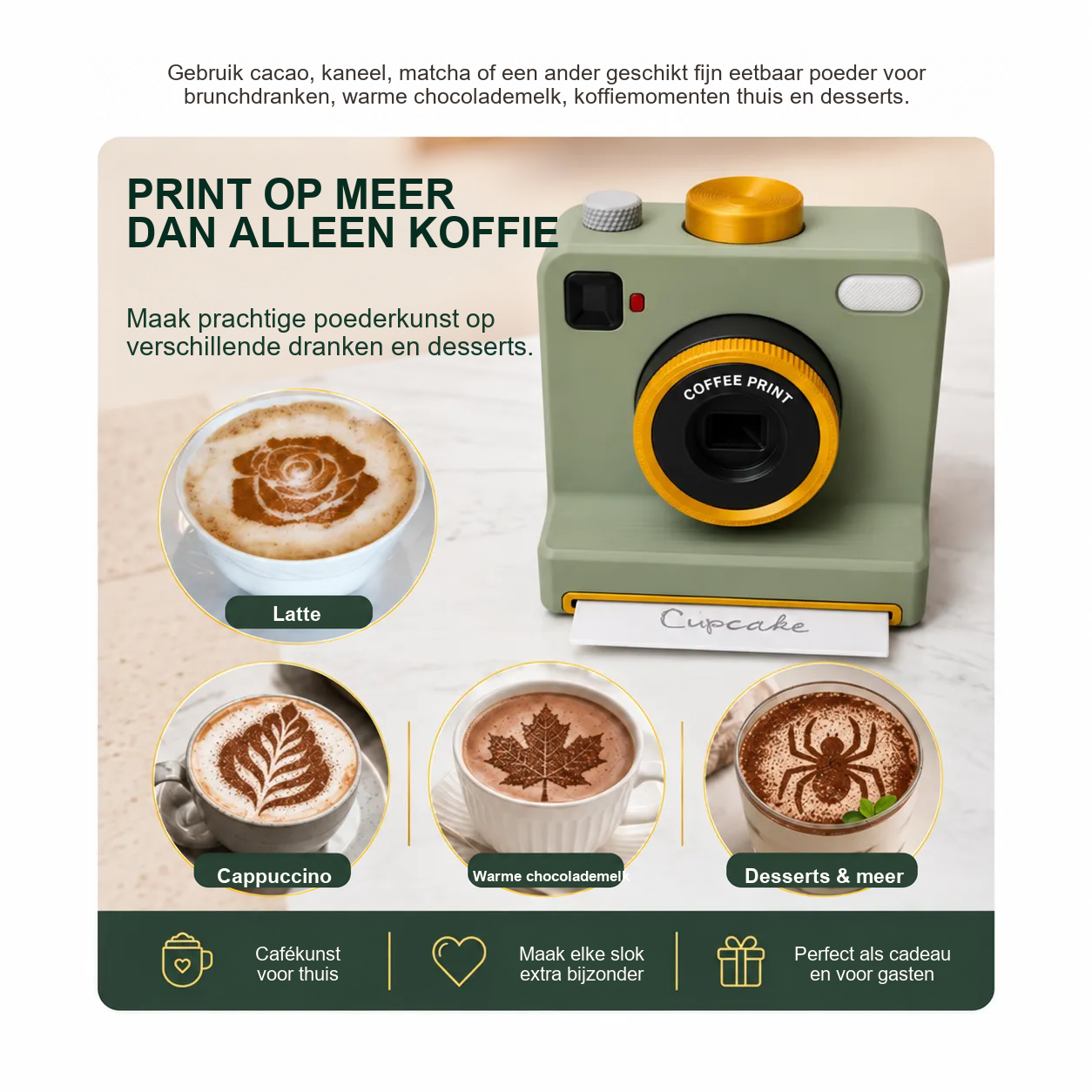 Koffiekunstcamera gebruikt voor latte, warme chocolademelk en desserts
