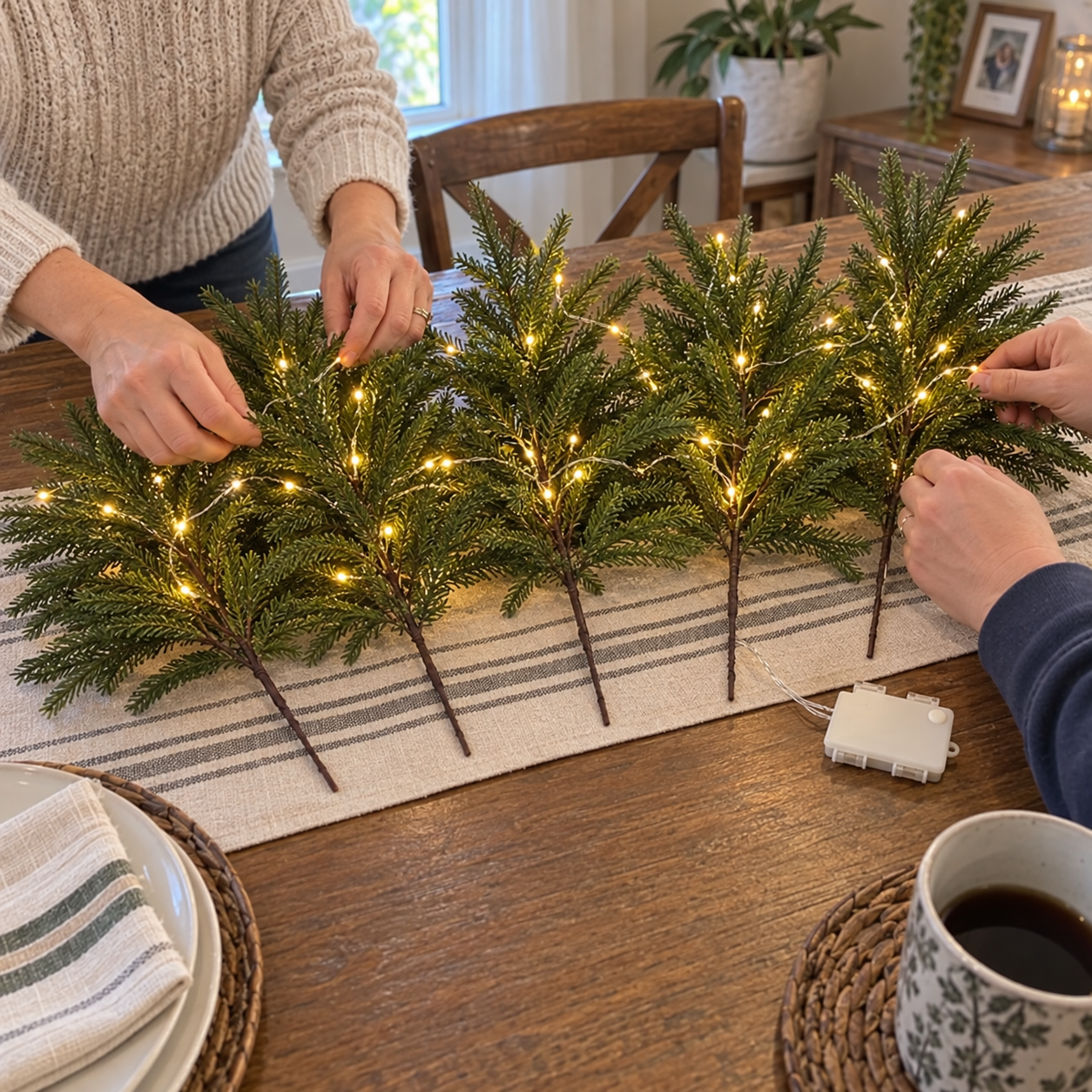 Hands shaping five pine stems and weaving in warm-white lights