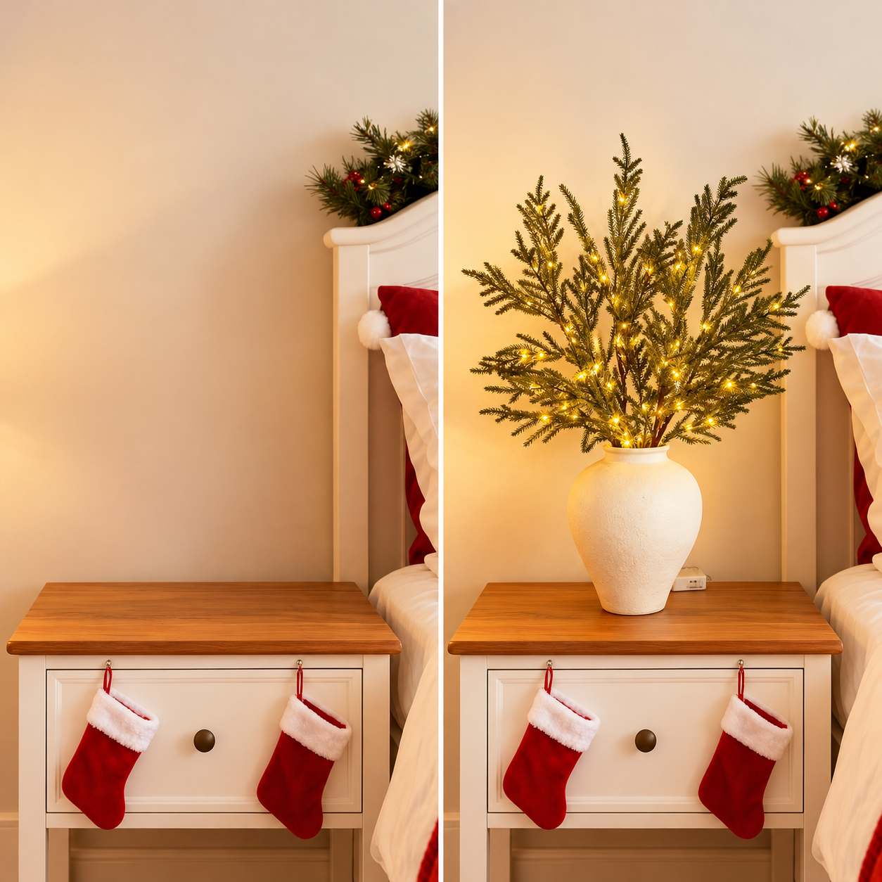 The same bedside table before and after adding five lighted Norfolk pine stems