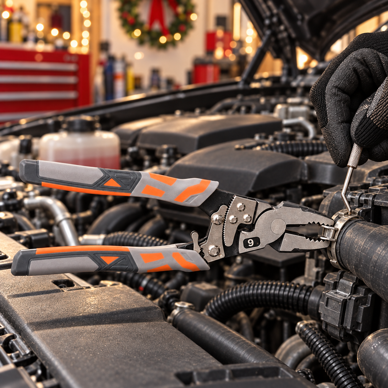 Pliers gripping a metal clamp ear in an engine bay