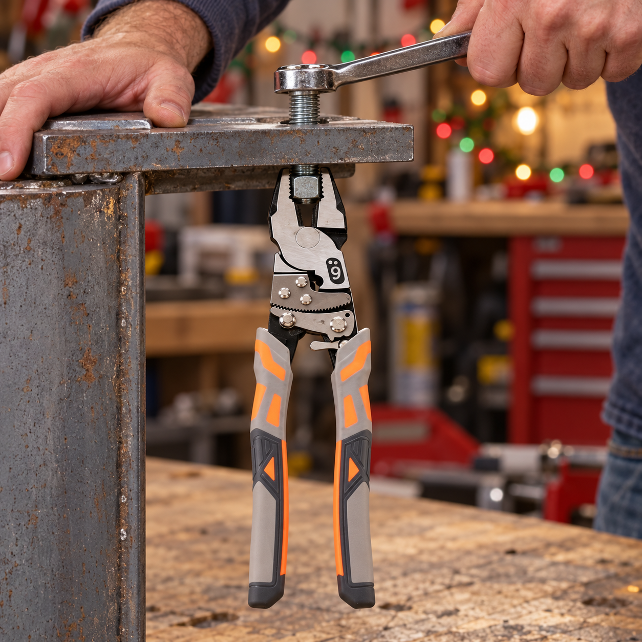 Pliers holding a hex nut while a wrench turns the bolt
