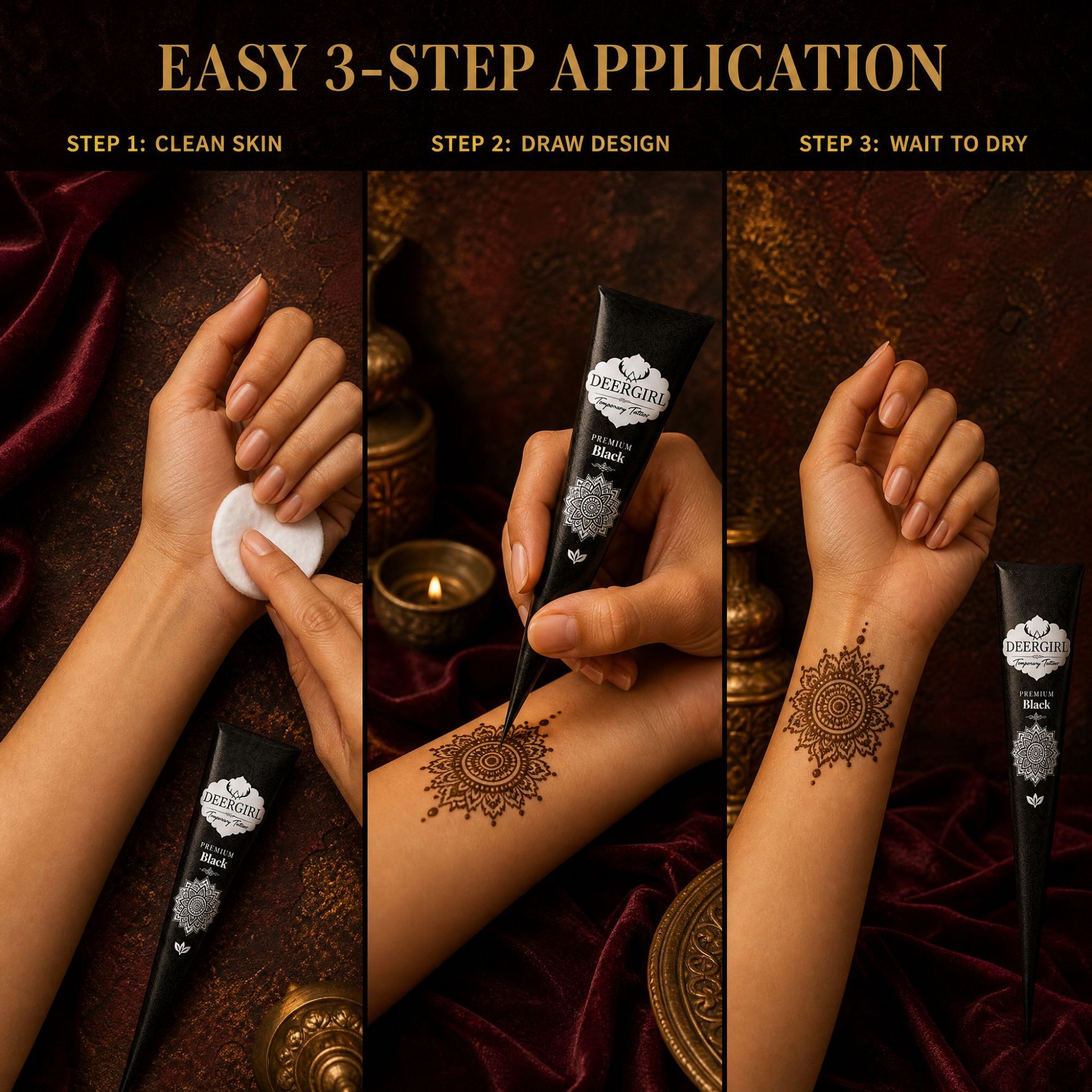 Three-step temporary henna body art application: prep, create and let the design set