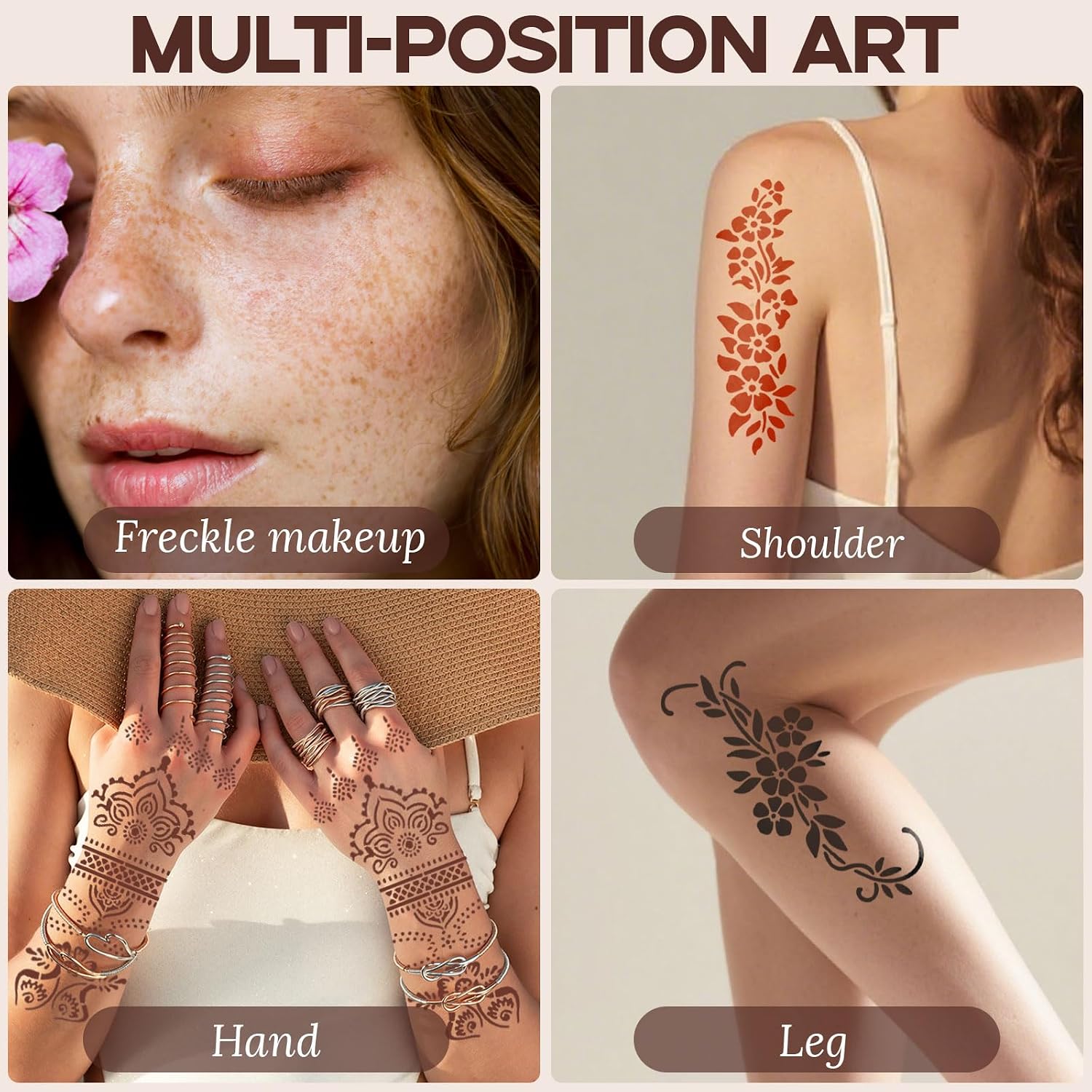 Temporary henna artwork shown on the face, shoulder, hand and leg