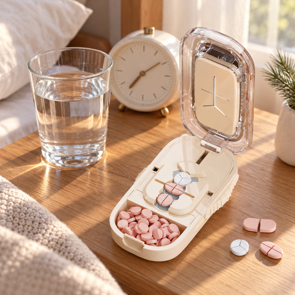 Tablettenteiler an einem Wochentagmorgen auf einem Nachttisch