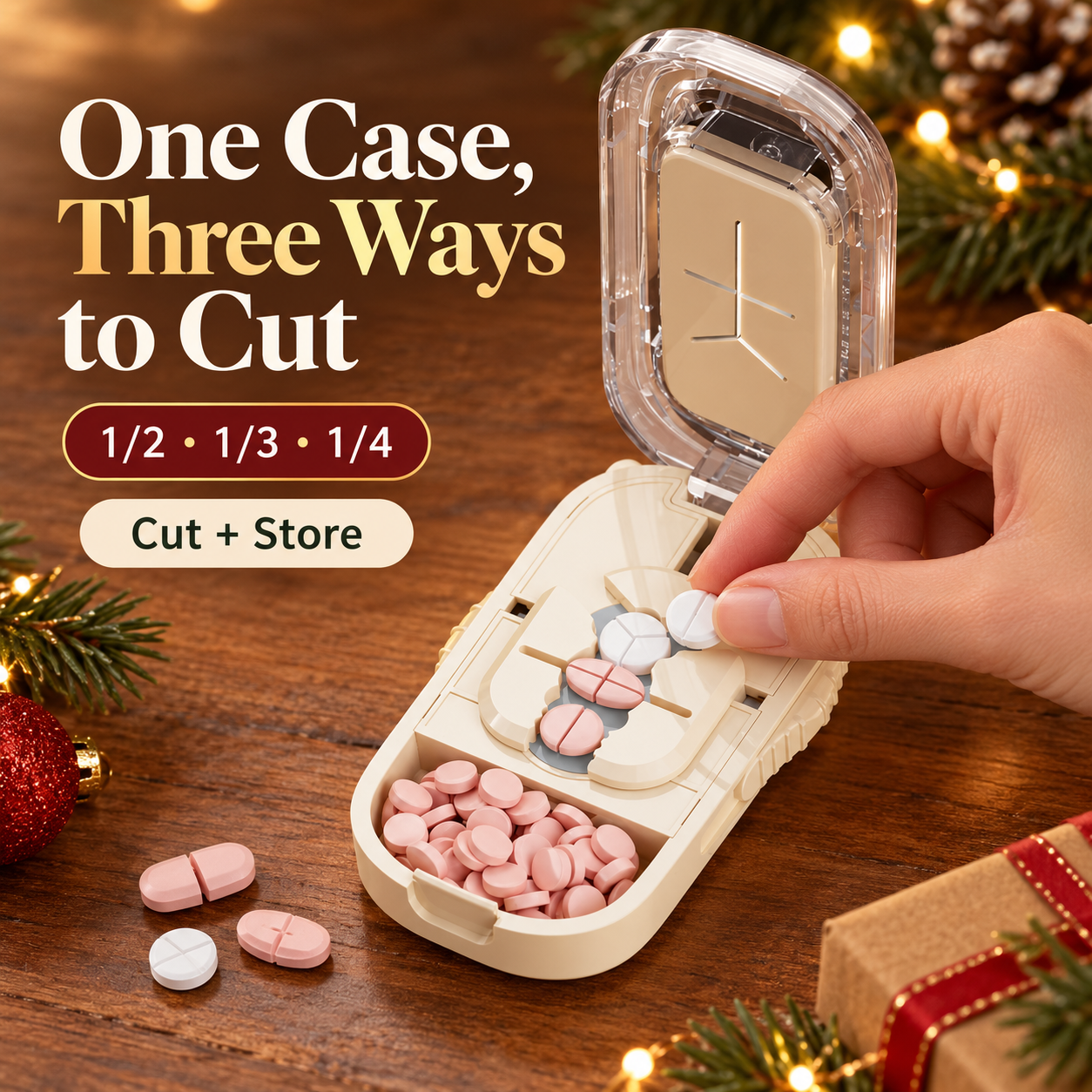 Caramel pill cutter in a Christmas tabletop use scene