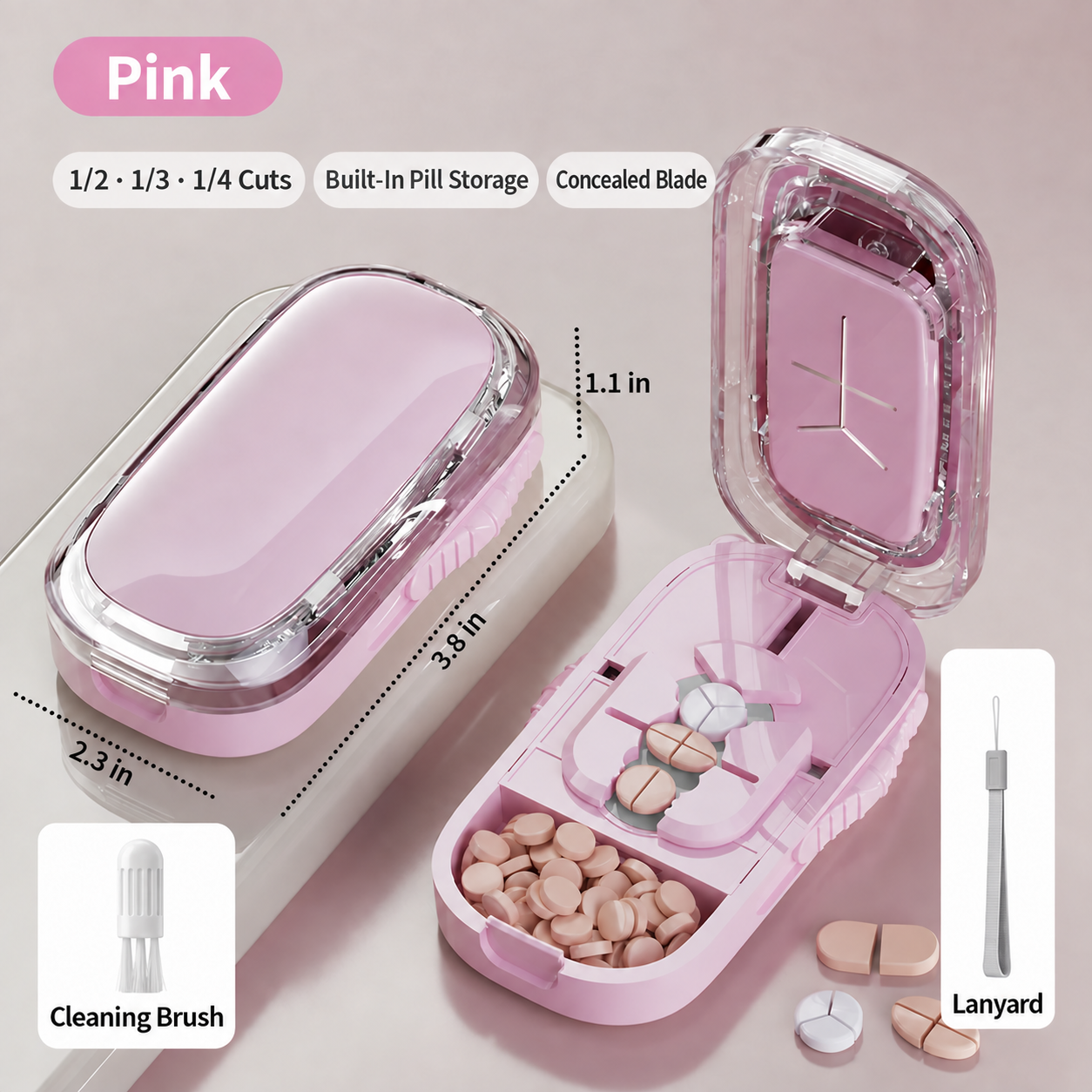 Pink pill cutter with built-in storage