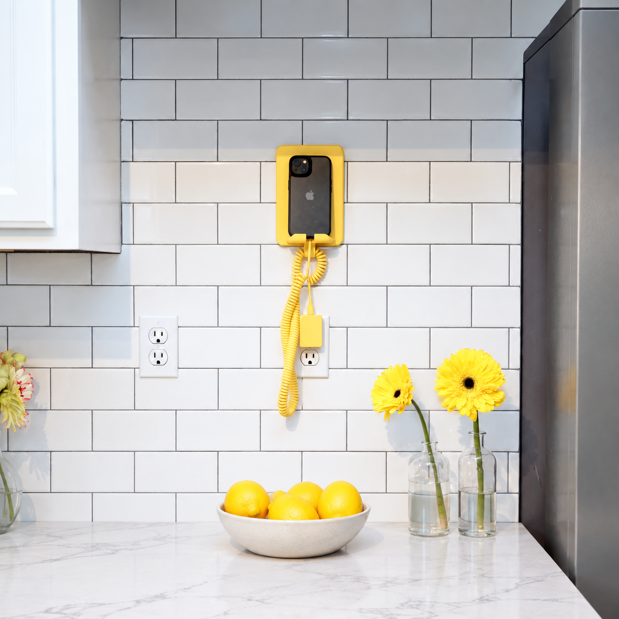 Original kitchen wall installation of the yellow phone dock