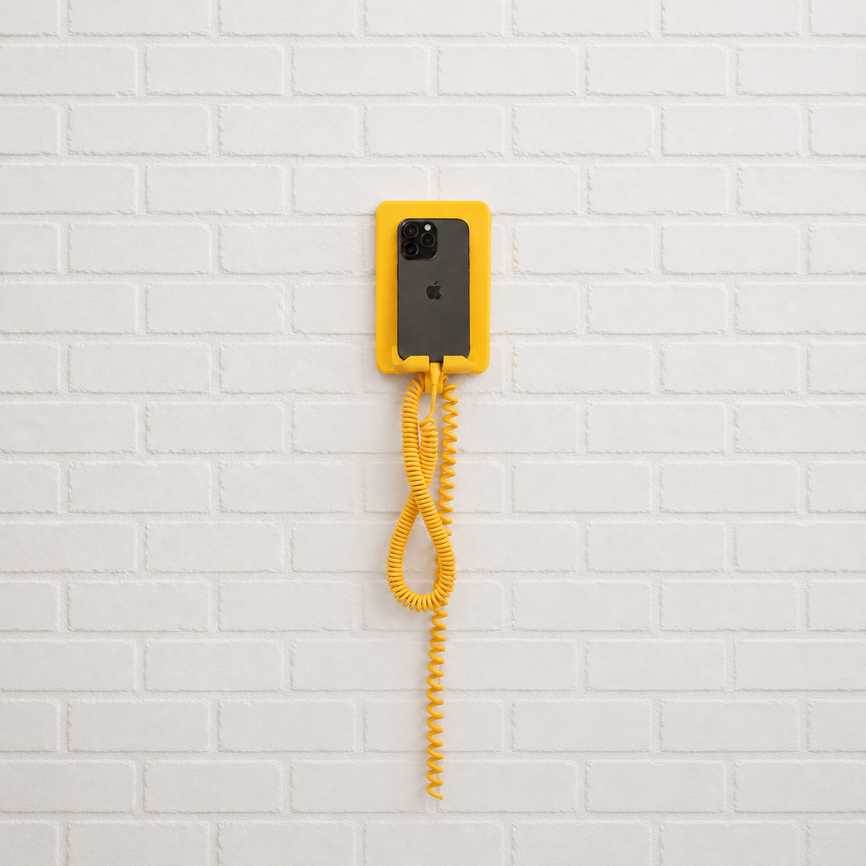 Original front view of yellow phone dock on a white brick wall