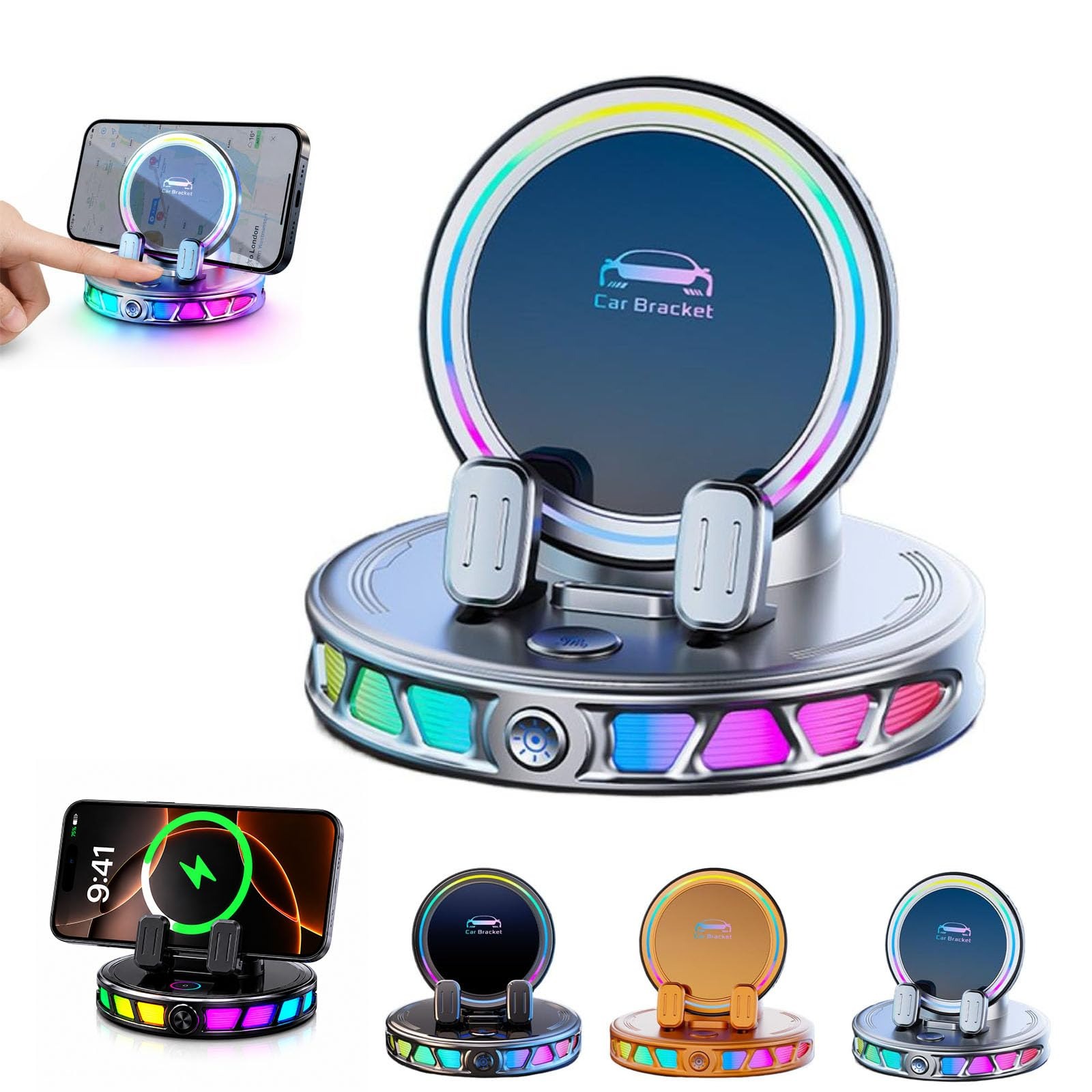 Silver wireless charging RGB car phone mount