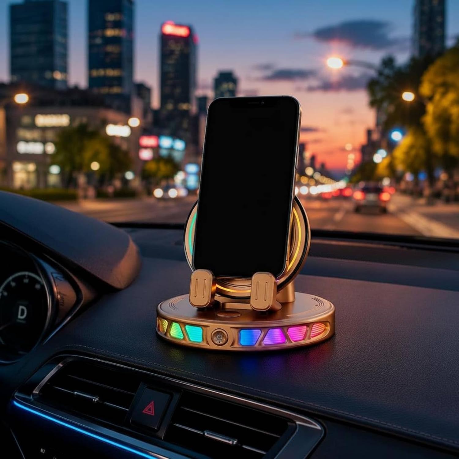 Orange RGB car phone mount holding a phone on a dashboard