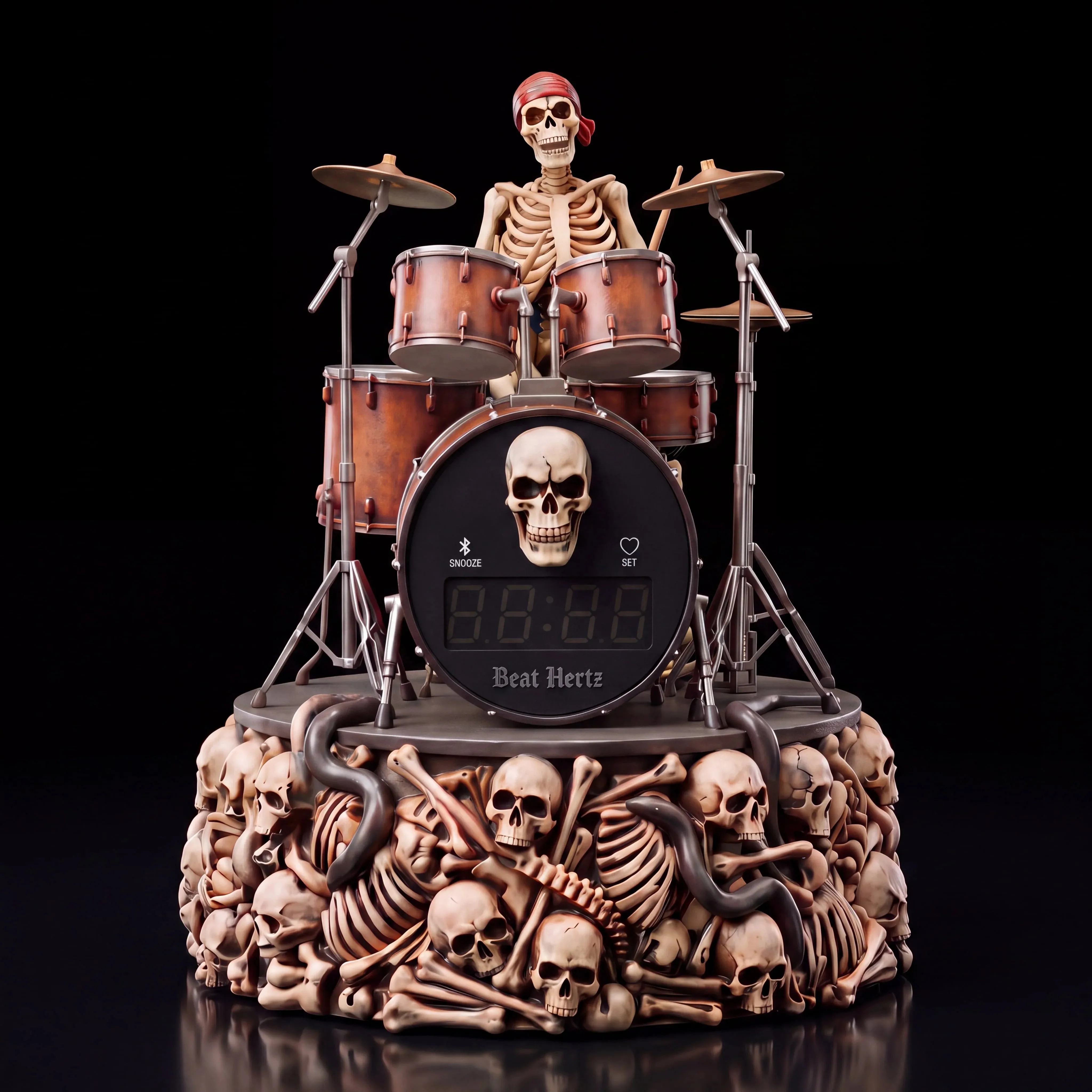 Supplied full product view of the copper-brown skeleton drummer alarm clock
