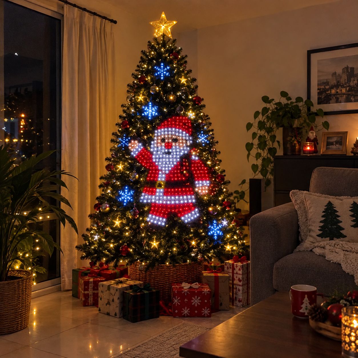 Smarte Weihnachtsbaum-Musterlichter mit animierten Festtagsmotiven – Produktabbildung