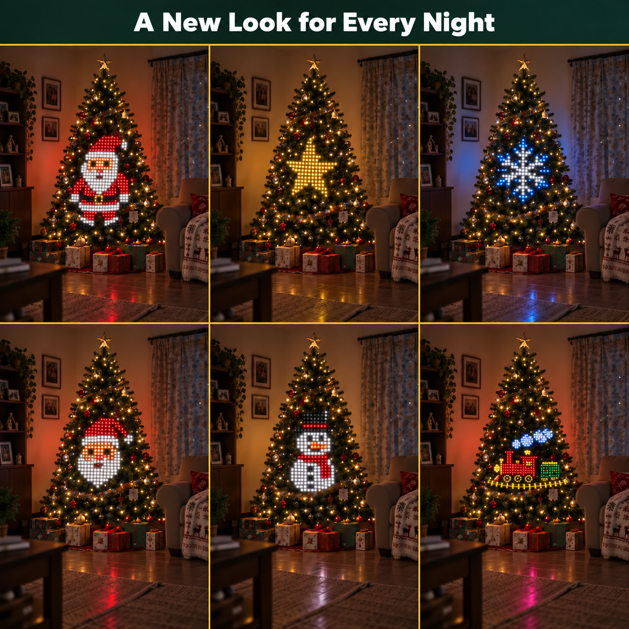 Different holiday light designs on a Christmas tree