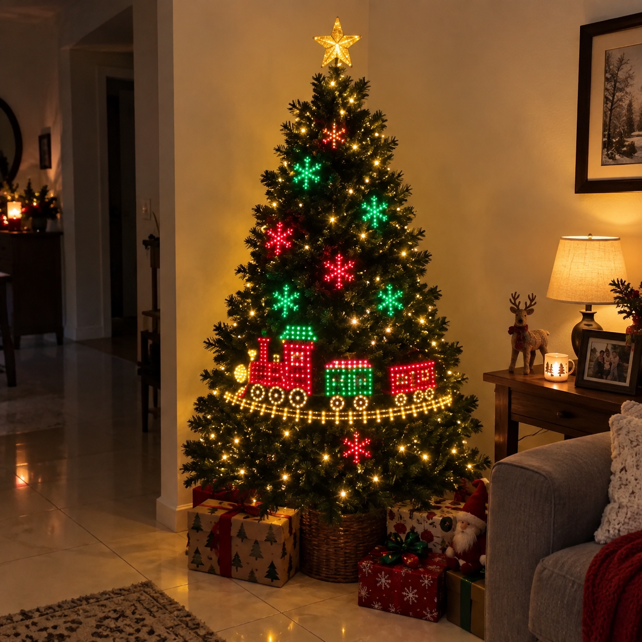Smarte Weihnachtsbaum-Musterlichter mit animierten Festtagsmotiven – Produktabbildung