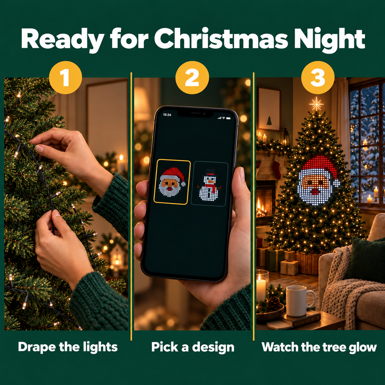 Smarte Weihnachtsbaum-Musterlichter mit animierten Festtagsmotiven – Produktabbildung