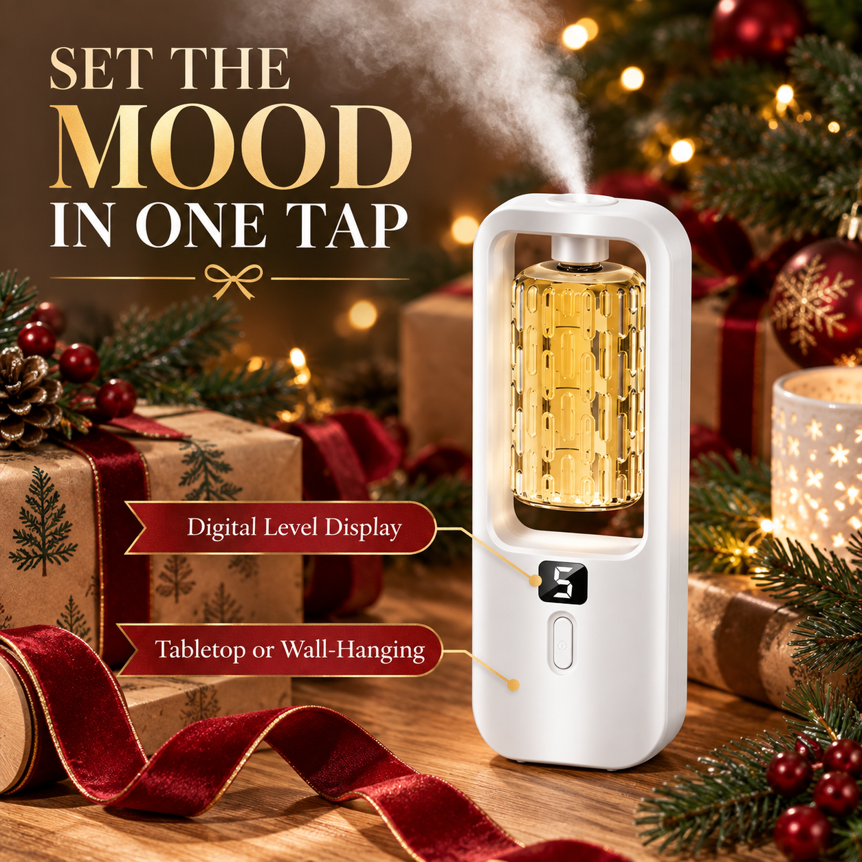 White smart aroma diffuser in a Christmas gift-prep scene