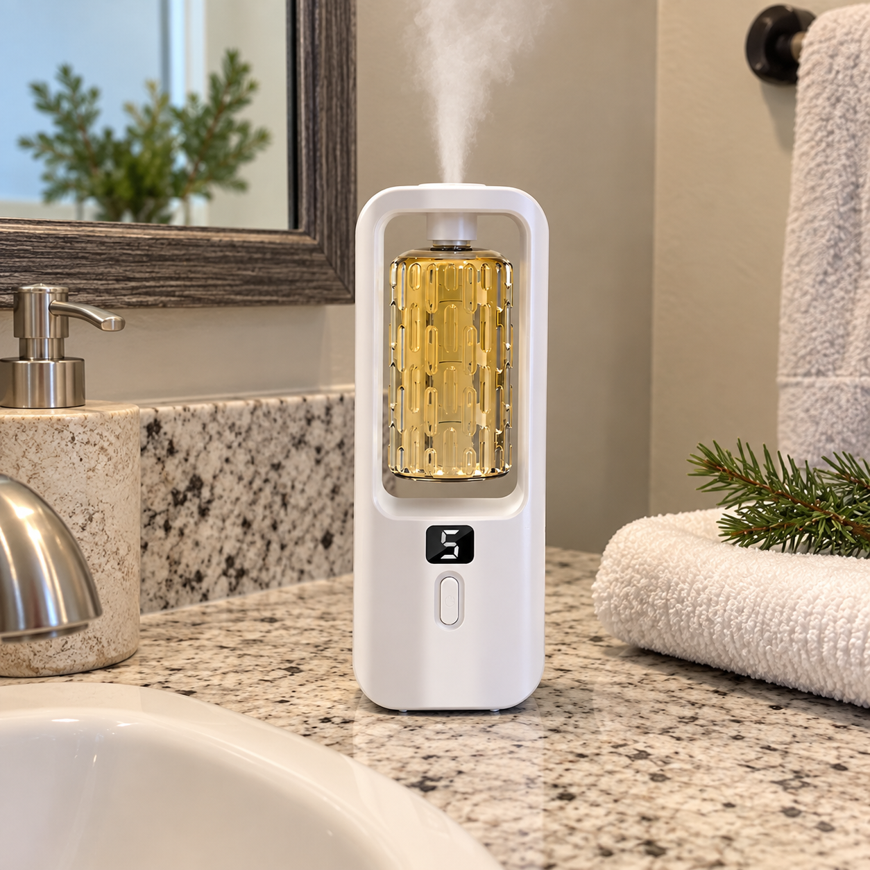 Aroma diffuser upright on a dry bathroom countertop