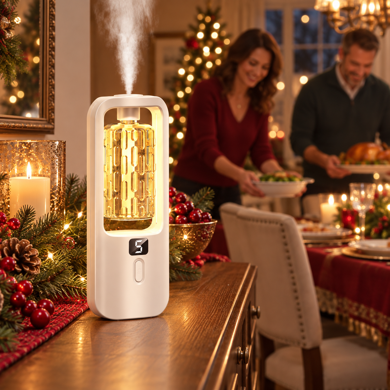 Aroma diffuser on a sideboard during a Christmas gathering