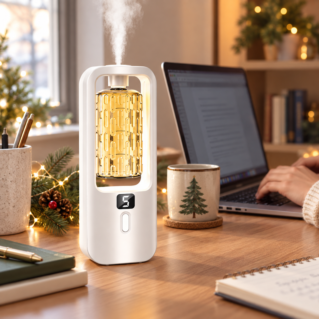 Aroma diffuser beside a laptop in a holiday home office